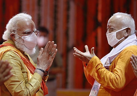 PM Narendra Modi and RSS chief Mohan Bhagwat during the groundbreaking ceremony of a temple dedicated to the Hindu god Ram in Ayodhya. (File photo | AP)