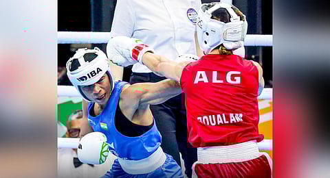 Nikhat Zareen out-punched Algeria's Boualam Roumaysa to secure a pre-quarterfinal berth in the Women's World Championships. (Photo | Boxing Federation Twitter)