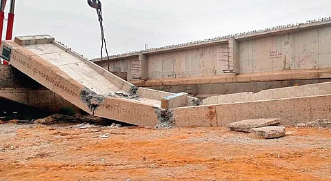 The collapsed portion of the under-construction bridge over Gobari river at Mahipal in Kendrapara town | Express