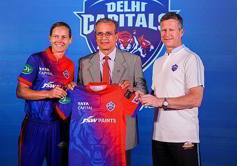 Delhi Capitals women's team captain Meg Lanning with head coach Jonathan Batty and JSW Paints Joint MD & CEO AS Sundaresan during a press conference ahead of the WPL 2023, in Mumbai. (Photo | PTI)