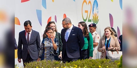 UK Foreign Secretary James Cleverly with Indonesia's Minister of Foreign Affairs Retno Marsudi and other delegates at RBCC in New Delhi | PTI