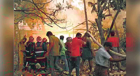The fire being doused at the fireworks manufacturing unit at Muttinakam, Varappuzha | File Photo