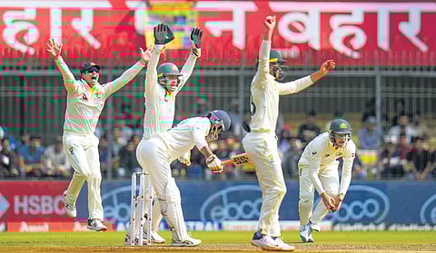 Australian players appeal for the wicket of Ravindra Jadeja during the first day in Indore, on Wednesday. (Photo | PTI)