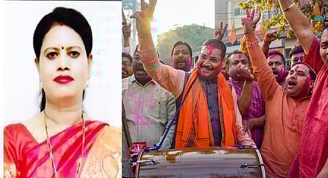 AJSU Party's Sunita Choudhary; Jharkhand BJP President and Rajya Sabha MP Deepak Prakash beats a 'dhol' to celebrate the victory. (Photo | PTI)