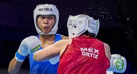 India's Lovlina Borgohain (blue) in action during a match against Mexico's Vanessa Ortiz in the 75 kg category at the 2023 IBA World Boxing Championships. (Photo | PTI)
