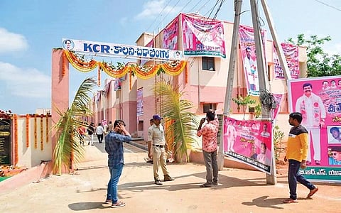 The 112 newly-inaugurated 2BHK houses at KCR Colony in Bada Bheemgal of Nizamabad district, built at an estimated cost of Rs 7.77 crore.