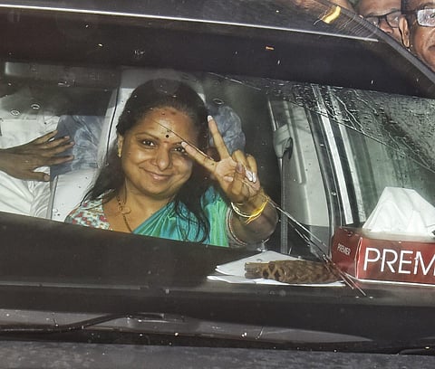 Kavitha leaves the ED office after she was questioned by sleuths for over 10 hours on Monday. (Photo | EPS, R V K Rao)