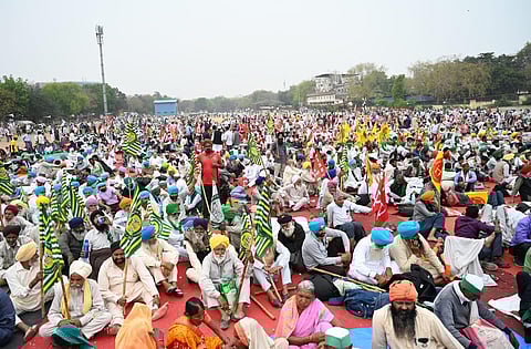 Farmers under the banner of Samyukt Kisan Morcha (SKM) during 'Kisan Mahapanchayat', at Ramlila Maidan in New Delhi. (Photo | Shekhar Yadav, EPS)