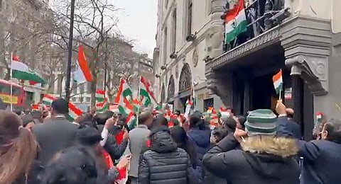 Indian diaspora groups seen outside the India House to show solidarity with the Indian mission following vandalism at its premises by Khalistan extremists. (Videograb | Twitter)