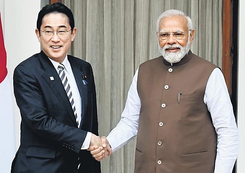 PM Narendra Modi with Japanese counterpart Fumio Kishida before their meeting at the Hyderabad House, in New Delhi, on Monday | Shekhar Yadav