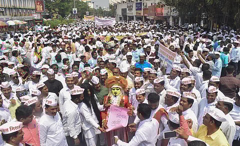 Maharashtra government employees during a strike demanding restoration of the Old Pension Scheme. (Photo | PTI)