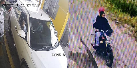 A collage of CCTV footages showing 'Waris Punjab De' chief Amritpal Singh tries to get away from the police. (Photo | PTI)