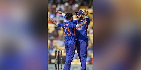 Indian bowler Kuldeep Yadav celebrates with teammate Virat Kohli after the wicket of Australian batter Marnus Labuschagne during the third ODI cricket match between India and Australia. (Photo | PTI)