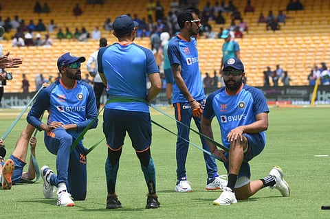 Mohammed Siraj and Rohit Sharma warming up ahead of the third and last one day international cricket match between India and Australia in Chennai. (Photo | Ashwin Prasath, EPS)