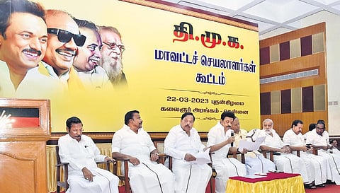 DMK president MK Stalin chairing a meeting of the party’s district secretaries in Chennai on Wednesday | Express