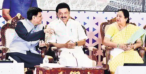 Stalin interacts with Piyush Goyal while Union Minister of State for Textile Darshana Vikram Jardosh looks on at a function held to launch India’s first PM Mitra at Virudhunagar on Wednesday | P Jawah