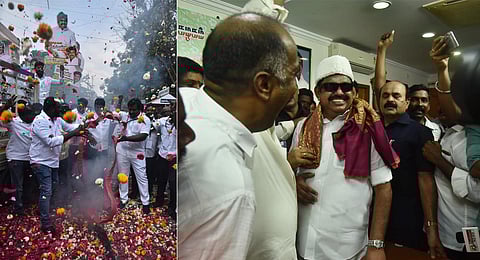 Supporters of AIADMK interim General Secretary Edappadi K Palaniswami celebrate at party headquarters after the court announced the verdict in their favour, in Chennai. (Photo | P Jawahar)