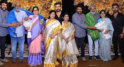 Telugu actor Chiranjeevi honoured filmmaker SS Rajamouli and music composer MM Keeravaani at his son Ram Charan's birthday party. (Photo | Chiranjeevi Instagram)