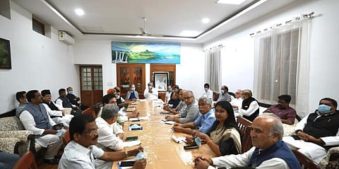 Leaders from 18 Opposition parties meet at Congress President Mallikarjun Kharge's residence in New Delhi on Monday, March 28, 2023. (Photo | Twitter @kharge)