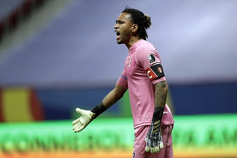 Peru's goalkeeper Pedro Gallese reacts after missing a chance to score during a Copa America third place soccer match against Colombia at the National stadium in Brasilia. (Photo | AP)