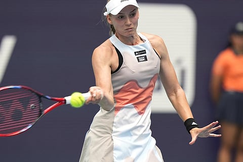 Elena Rybakina of Kazakhstan returns to Martina Trevisan of Italy during the Miami Open tennis tournament on Tuesday, March 28, 2023, in Miami Gardens, Fla. (Photo | AP)