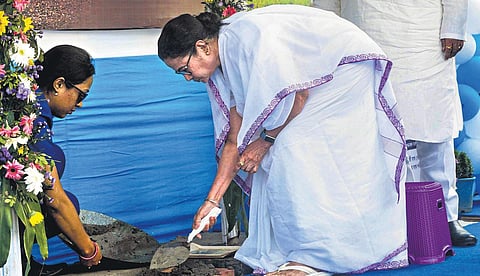 West Bengal Chief Minister Mamata Banerjee during the foundation stone laying ceremony of two road projects in Singur on Tuesday | PTI