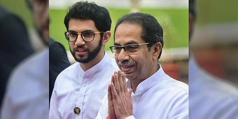 A file photo of former Maharashtra Chief Minister Uddhav Thackeray and his son Aaditya Thackeray. (Photo | PTI)