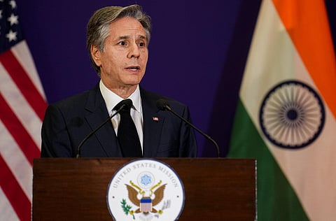 US Secretary of State Antony Blinken addresses the media in New Delhi. (Photo | PTI)