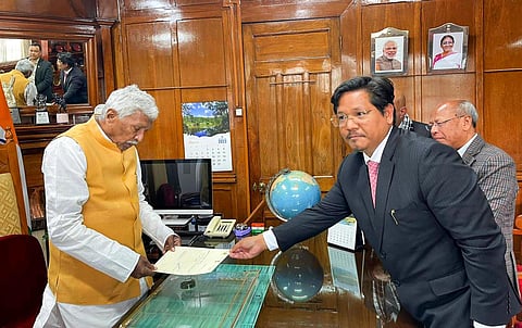 Meghalaya Chief Minister Conrad Sangma submits his resignation to Meghalaya Governor Phagu Chauhan, in Shillong. (Photo | PTI)