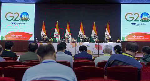 External Affairs Minister S. Jaishankar, flanked by officials, addresses the media after the G20 Foreign Ministers' Meeting (Photo |PTI)