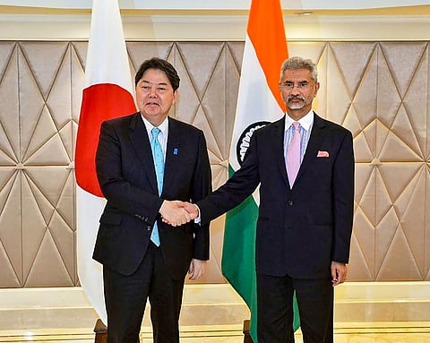 External Affairs Minister S Jaishankar with Japanese Foreign Minister Yoshimasa Hayashi at a meeting in New Delhi. (Photo | PTI)