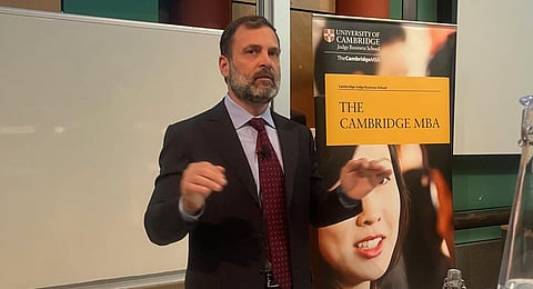 Rahul Gandhi during a lecture at Cambridge University. (Photo | Twitter, @sampitroda)