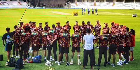 SRH players during a team meeting at the Rajiv Gandhi International Cricket Stadium in Hyderabad, March 20, 2023. (Photo | Twitter@SunRisers)