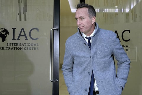 Former England cricket team captain Michael Vaughan leaves the International Arbitration Centre, in London on Friday, March. 3, 2023. (Photo | AP)