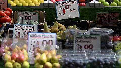 The price of fruit and vegetables in pounds sterling is displayed on a trader’s market stall in London. (Photo | AFP)
