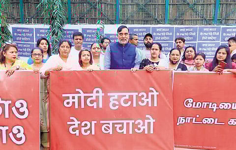 Delhi cabinet minister and AAP’s co-convenor Gopal Rai during the launch of poster campaign on Thursday
