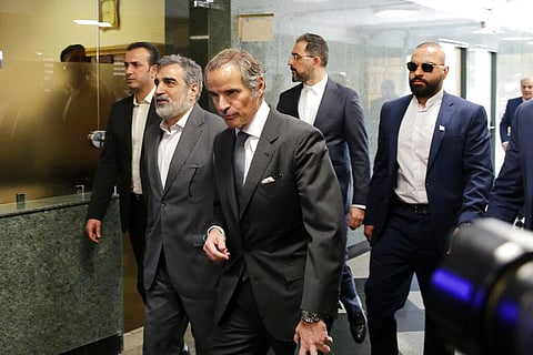 IAEA Director General Rafael Mariano Grossi, center, arrives for a meeting with head of Atomic Energy Organization of Iran, Mohammad Eslami in Tehran on March 4 (Photo | AP)