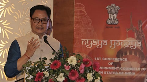 Union Minister for Law and Justice Kiren Rijiju speaking at the first conference of Central government's counsels of eastern states at Bhubaneswar on Saturday. (Photo | EPS)