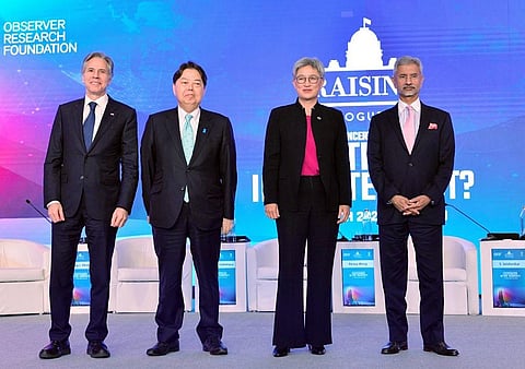 US Secy of State Antony Blinken, India's EAM S Jaishankar, Australian FM Penny Wong and Japan's FM Yoshimasa Hayashi at the Quad Foreign Ministers' Meet in New Delhi on Friday. (Photo | ANI)