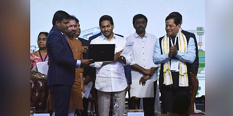 CM Jagan virtually inaugurating 14 manufacturing units at GIS in Visakhapatnam on Saturday. (Photo | Prasant Madugula)