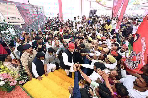 Samajwadi Party chief Akhilesh Yadav addresses the party supporters during his visit to Amethi, on Sunday. (Photo | ANI)