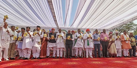 Community leaders at Jat Mahakumbh in Jaipur on Sunday. (Photo | PTI)