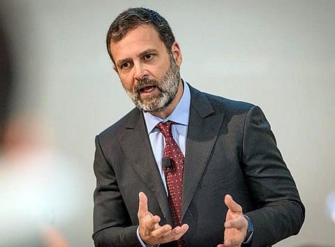 Congress leader Rahul Gandhi delivering a lecture at Cambridge Judge Business School as a Visiting Fellow, on Mar.2, 2023. (Photo | ANI)