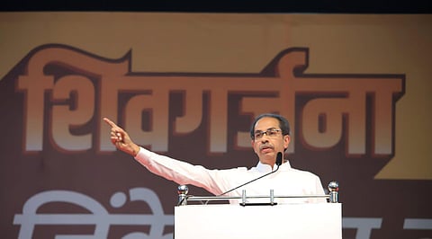 Shiv Sena (Uddhav Balasaheb Thackeray) chief Uddhav Thackeray addresses supporters during a public rally, at Khed in Ratnagiri, Maharashtra. (Photo | PTI)
