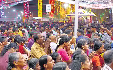 Devotees offering prayers at Attukal Bhagavathy temple in Thiruvananthapuram on Sunday | B P Deepu