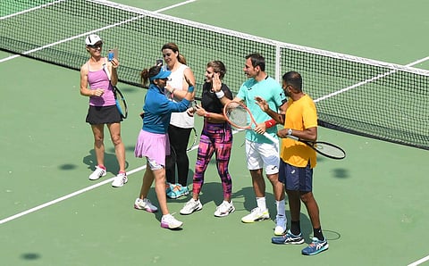 Sania Mirza with Cara Black, Marion Bartoli, Bethani Mattek-Sands, Ivan Dodig and Rohan Bopanna at the Lala Bahadur Stadium in Hyderabad on Sunday. (Photo | Vinay Madapu, EPS)