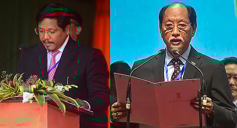 Conrad Sangma takes oath as Meghalaya CM, Neiphiu Rio takes oath as Nagaland CM.(Photo | PTI)