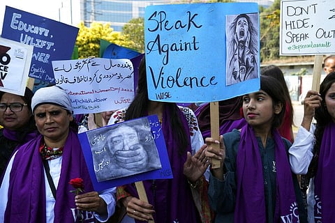 Activists from the group 'Women Democratic Front' take part in a rally to mark International Women's Day, in Lahore, Pakistan, Wednesday, March 8, 2023. (Photo | AP)