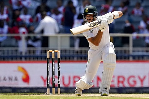 South Africa's batsman Aiden Markram watches his shot during the first day of the second test cricket match between South Africa and West Indies, at the Wanderers Stadium in Johannesburg. (Photo | AP)