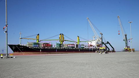 A ship bearing various flags is parked at the Chabahar (Shahid Beheshti) Port in the southern Iranian coastal city of Chabahar.
